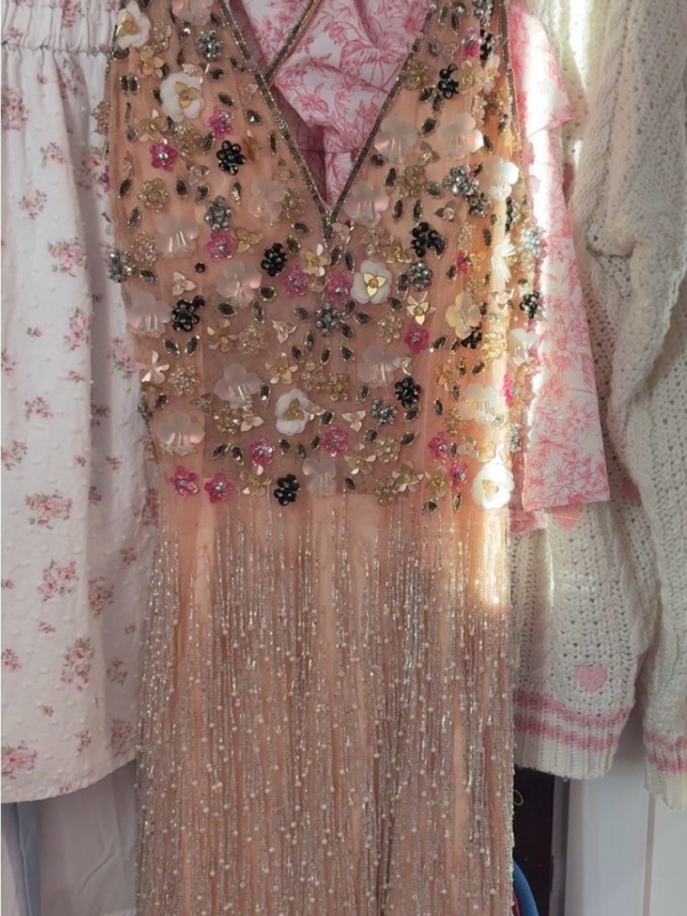 Peach Floral Sequin Fringe V-Neck Hoco Dress: La Primavera